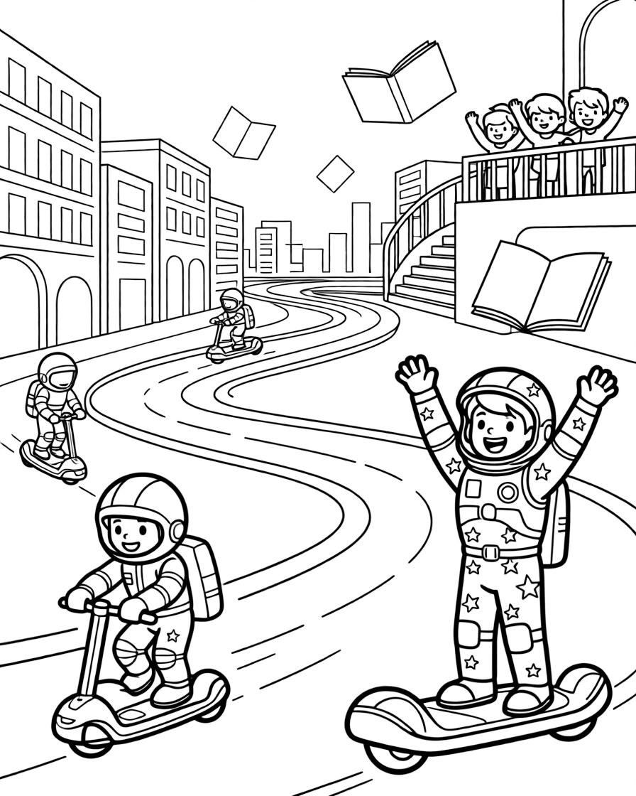 In a floating library filled with holographic books, Cadet Halo, a young space explorer in a starry spacesuit cheering on friends at a hover-scooter race through the city streets, while a group of kids waving from a nearby observation deck adds to the excitement.