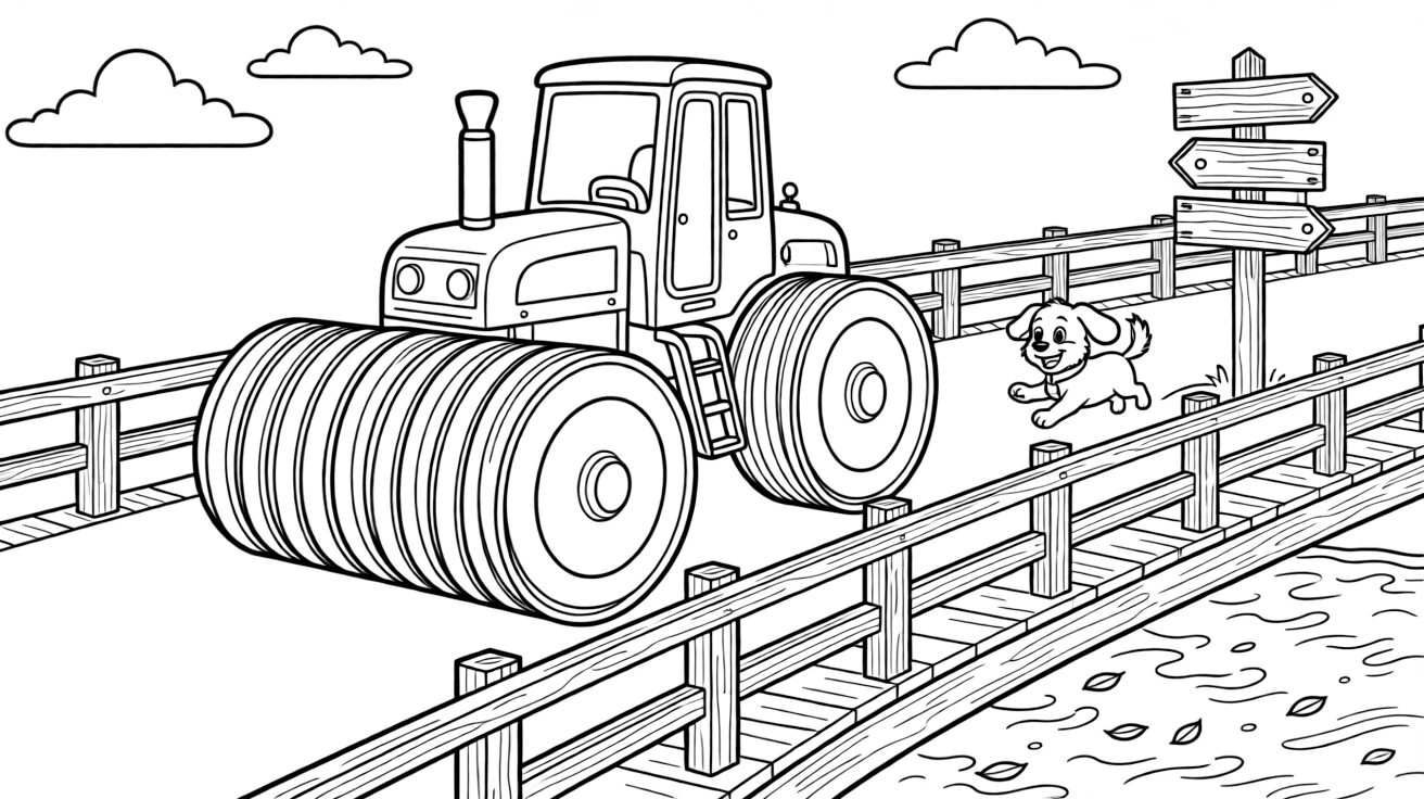 A big, friendly a striped steamroller flattening fresh pavement rolls through a long bridge stretching over a sparkling river, with an excited puppy chasing along the road enjoying the ride and an old wooden signpost pointing to faraway towns adding a playful touch.