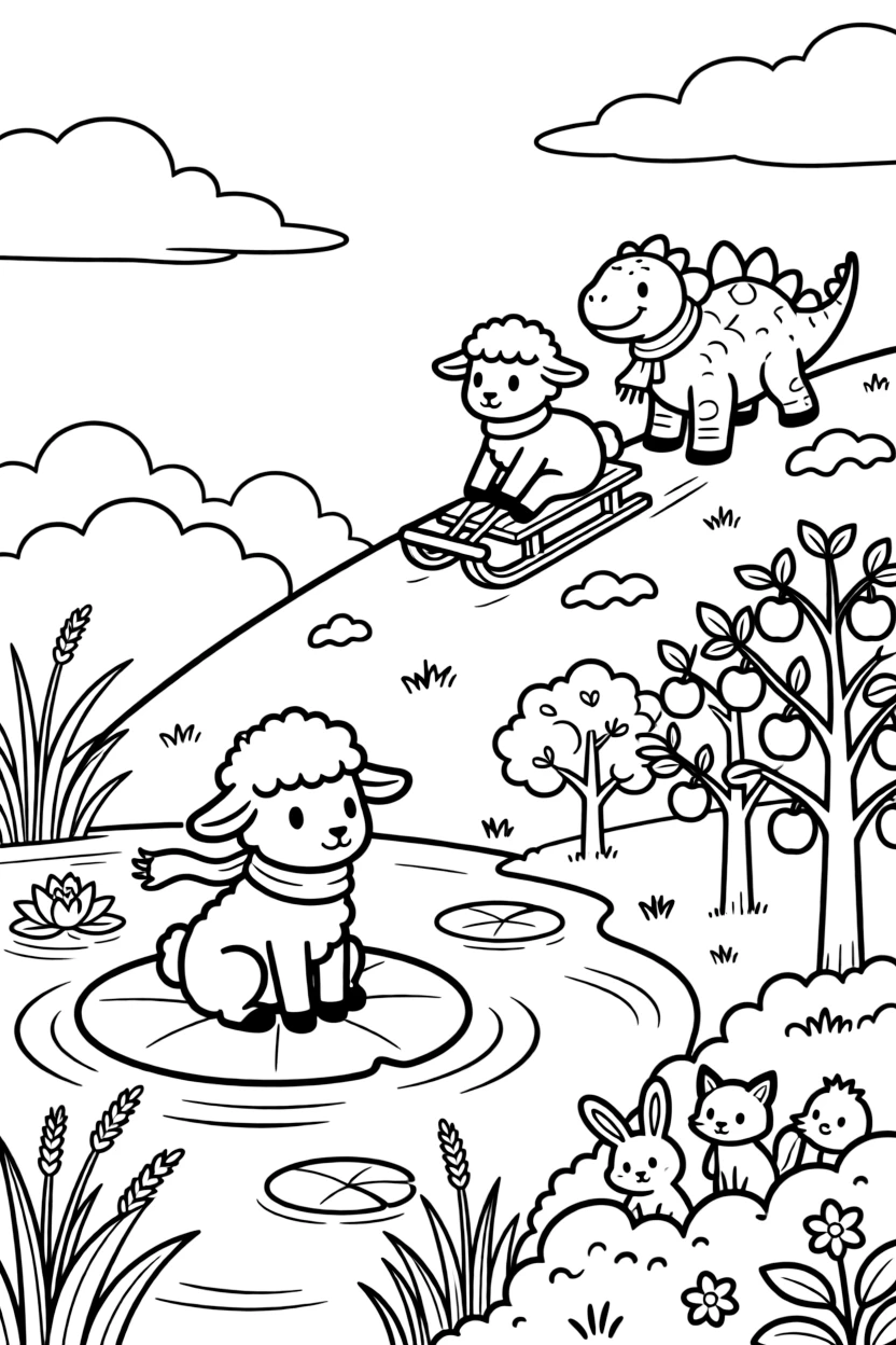 A lamb on a lily pad in a quiet pond, sledding down a snowy hill with a friendly stegosaurus, next to a apple orchard, while baby animals peek out from the bushes.