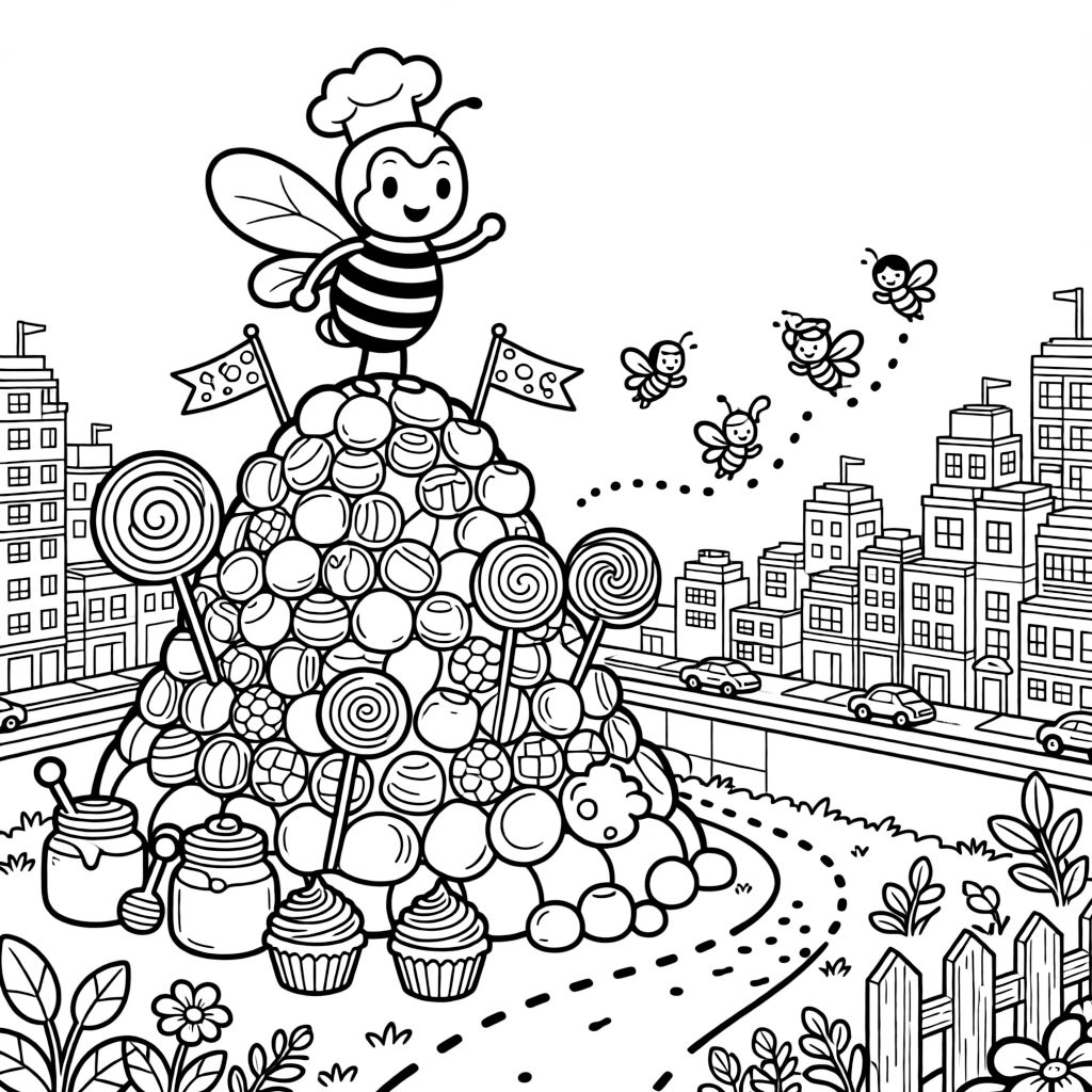 On a rooftop garden overlooking a busy toy-block city, a goofy bee honey baker discovers the joy of planting flags on top of a candy mountain summit, while twinkling fireflies lighting up the path watches happily nearby. The whole scene bursts with joy and adventure.