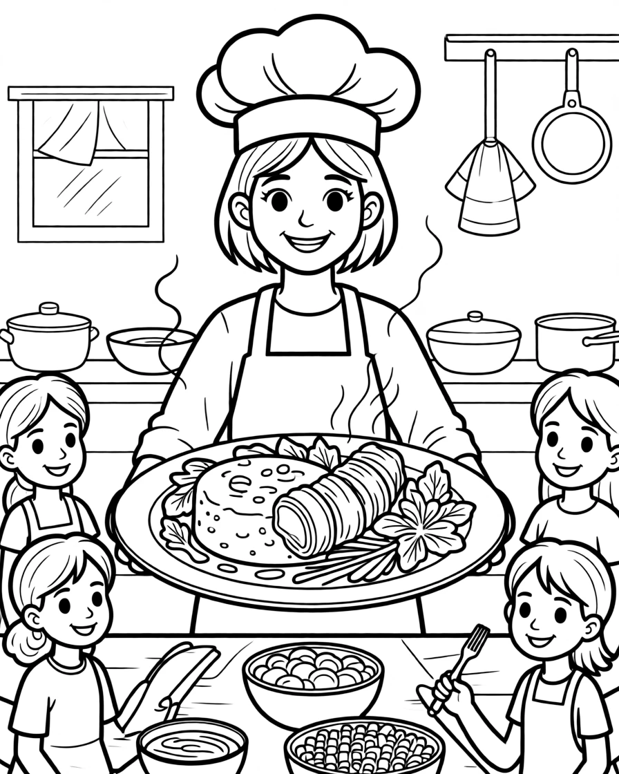 A coloring page of a happy cook in Kenya presenting a plate of ugali with grilled meat and greens, with steam rising and cheerful helpers gathered around the table.