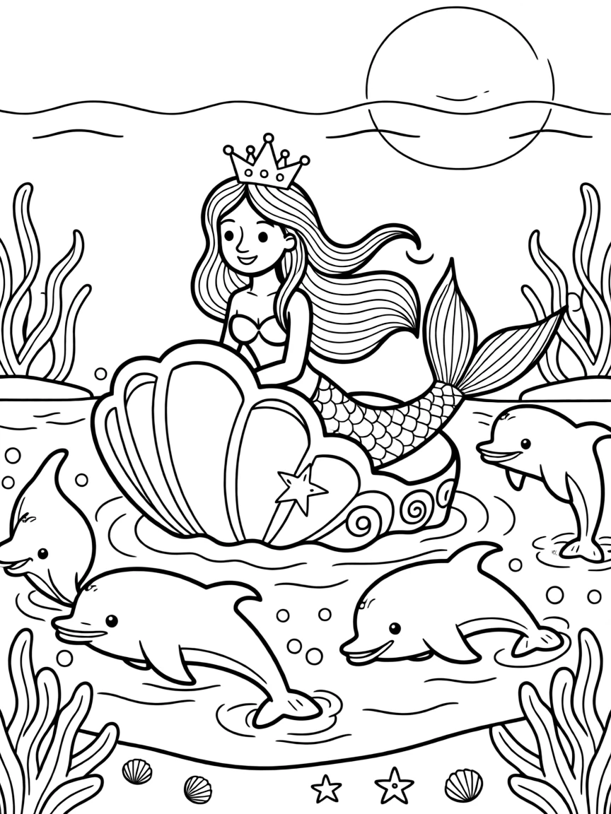 A pod of dolphins escorts a mermaid princess's shell-shaped chariot through a moonlit underwater parade.