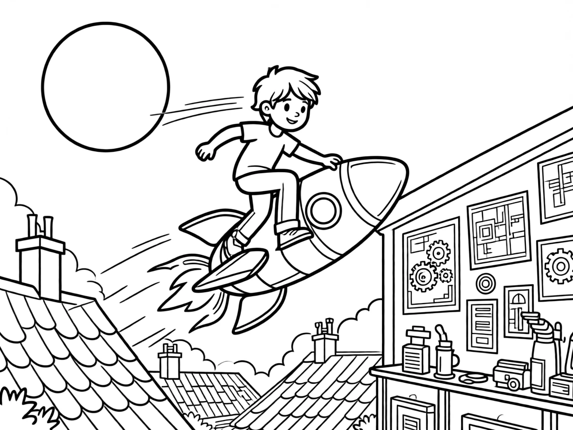 [Imaginative Inventions] A dynamic scene shows a rocket-powered skateboard soaring over rooftops on a wild machine inside a garage full of gadgets, wide-eyed with wonder. Close by, blueprints are pinned to the workshop wall. Gears and springs add fun mechanical detail. The moment unfolds under a full moon, with dust kicked up by the wind, filled with energetic detail perfect for a young colorist.