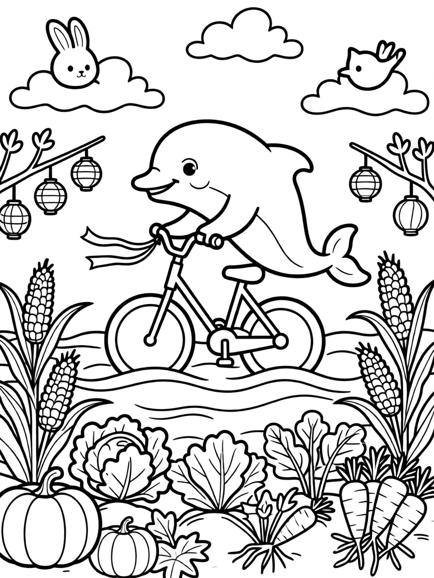 A friendly dolphin leaping over the waves is riding a bicycle decorated with streamers on the handlebars in a vegetable garden at harvest time. All around, paper lanterns hanging from low branches and fluffy clouds shaped like little animals add to the delightful moment.