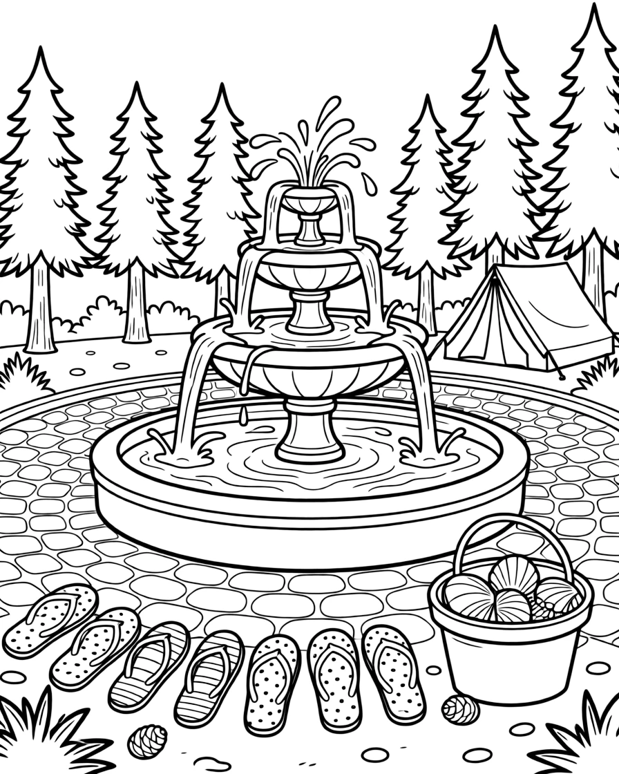 A fountain in a plaza splashed with red in a campsite nestled among tall pine trees, with a row of colorful flip-flops and a seashell collection in a bucket nearby.
