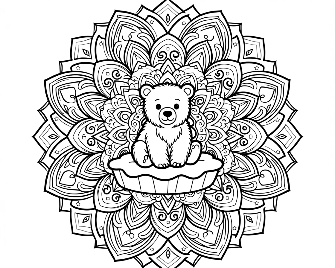 Arctic & Polar Animals: The main subject is a polar bear cub sitting on a snowy ledge, drawn as the focal point of a layered rosette mandala with overlapping round petals. It is placed dead center, with the surrounding rings mirrored perfectly across every direction. Decorative details fill the surrounding space, including curling paisley teardrops, curling fern-frond shapes, and ribbons folded into gentle zigzags woven throughout the background. A playful extra touch completes the page: a scattering of small stars filling in any open gaps in the pattern.