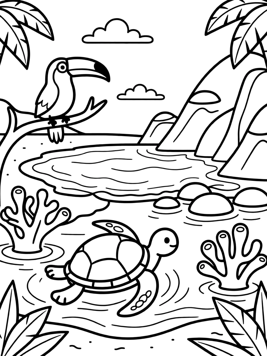 [Tropical Islands] A sea turtle swims lazily near a small island ringed with coral and clear blue water. A toucan perches on a low branch overlooking a hidden cove with turquoise water. Coral formations rise beneath the clear water near a cluster of smooth volcanic rocks. Clear blue skies stretch above the lagoon as gentle waves roll onto the shore.