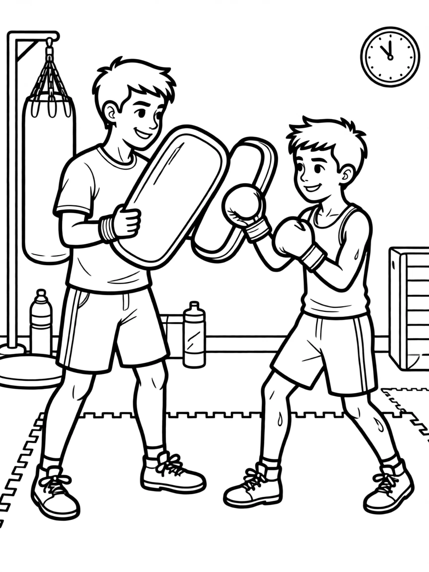 A boxing trainer holds pads while a boxer practices punches in a gym.