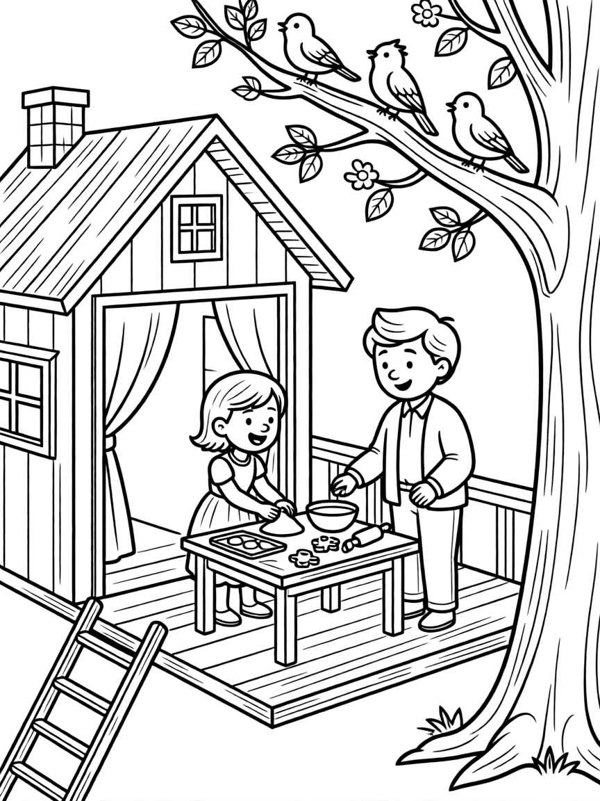 An older sister baking cookies together with a great-grandparent in a treehouse as birds chirp in a nearby tree.