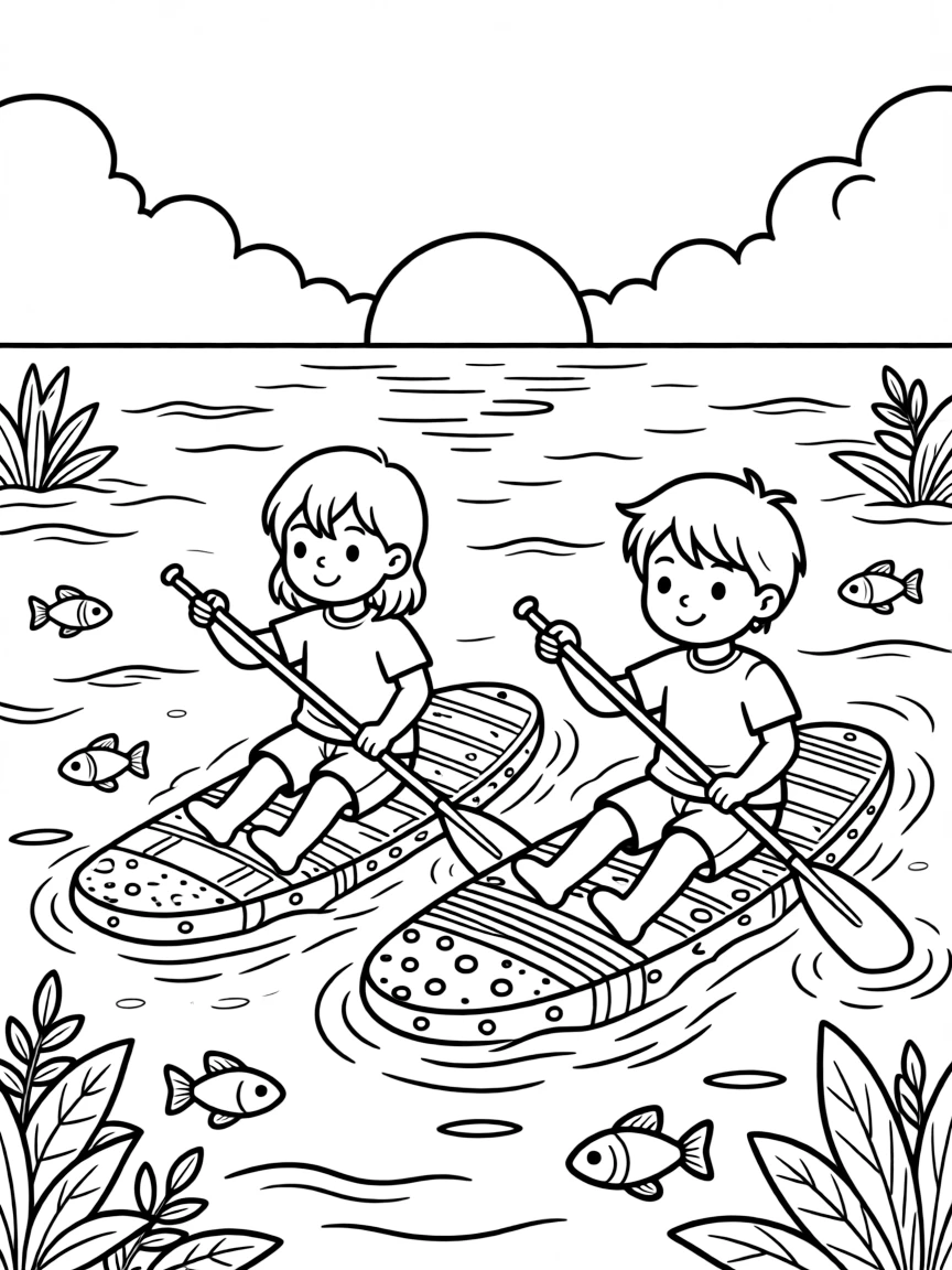 A pair of best friends, paddling alongside a friend on a matching board at sunrise.