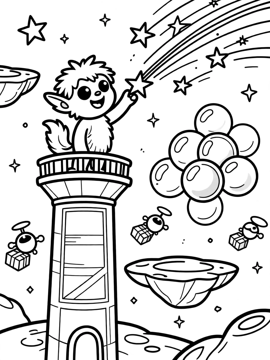 Fangor, a fluffy alien creature with big round eyes counting shooting stars from the top of an observation tower, in an asteroid belt mining outpost with floating rock platforms, with a cluster of soap-bubble-like energy shields and tiny drones buzzing around delivering packages nearby.