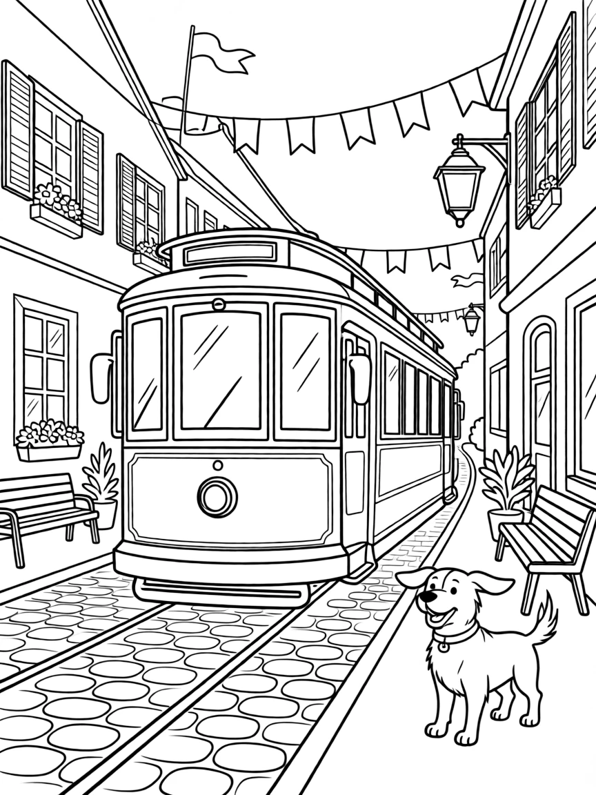 An old-fashioned trolley car clanging its bell down cobblestones takes center stage in a small town main street decorated with fluttering flags, where a friendly dog with its ears flapping in the wind can be seen nearby, surrounded by colorful flags fluttering from every corner.
