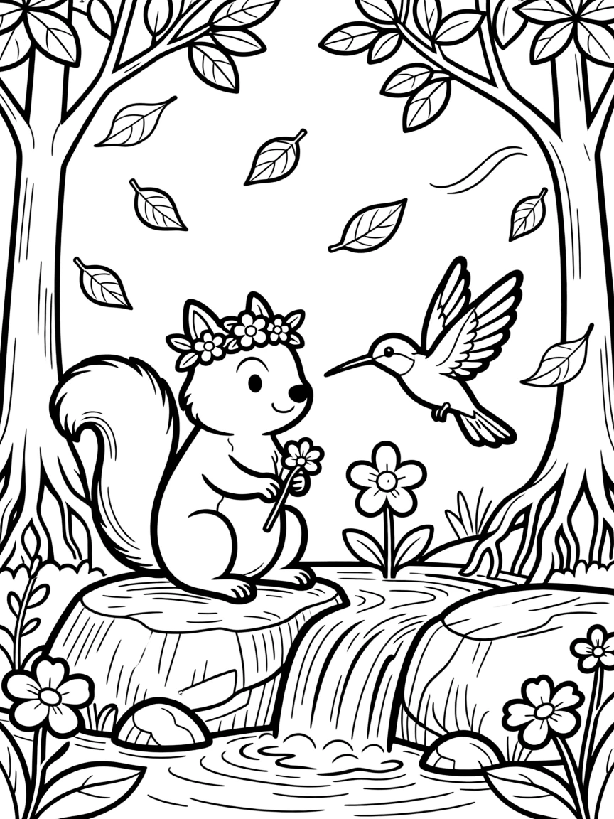 A chipmunk wearing tiny flower crowns with a hummingbird near a waterfall, near a mangrove forest, as autumn leaves swirl in the wind.