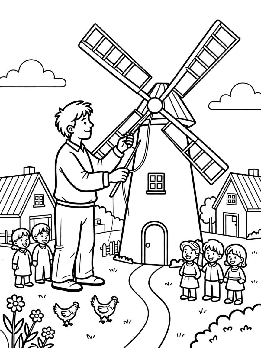 A gentle giant carefully repairs a broken windmill for a grateful farming village, using a needle and thread sized just for him.