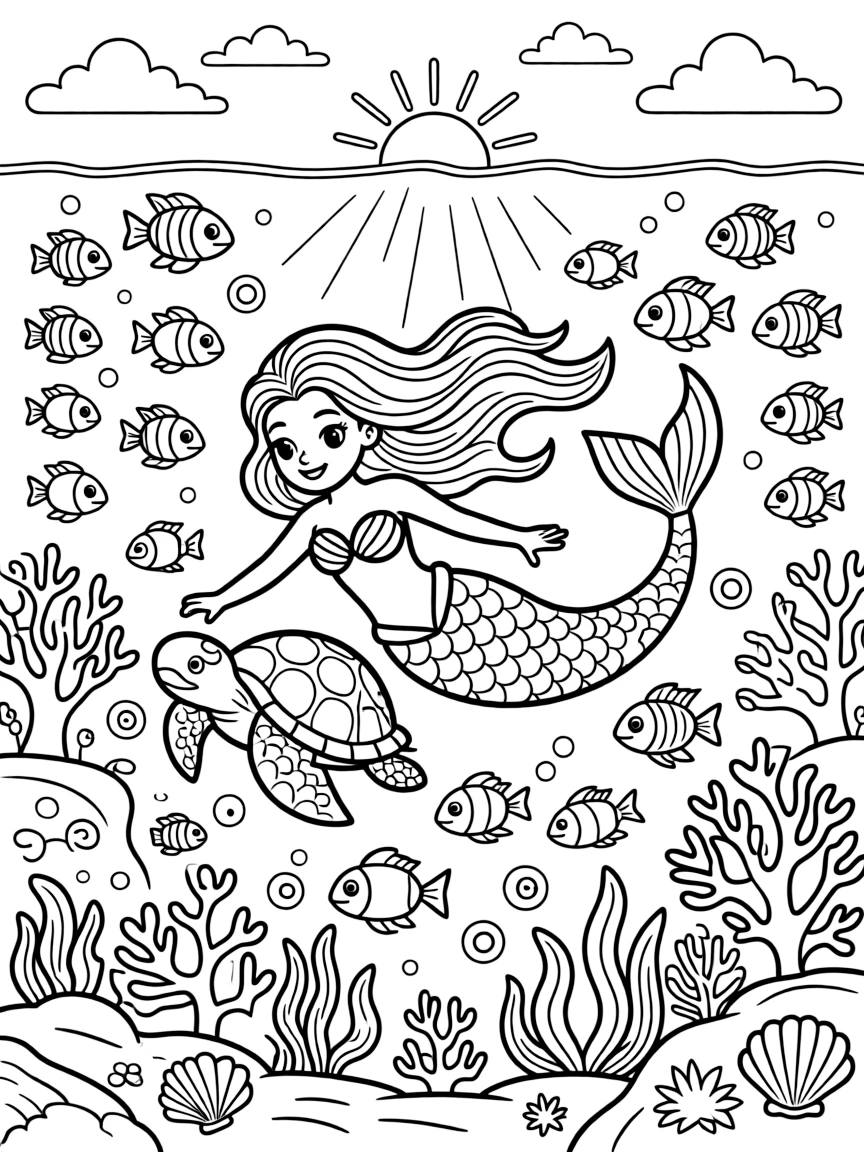 [Underwater Adventures] A dynamic scene shows a mermaid swimming among the fish swimming alongside a friendly sea turtle around a vibrant coral reef, looking determined and brave. Close by, schools of bright fish swirl nearby. Light rays create a dreamy underwater glow. The moment unfolds at sunrise, with fluffy clouds drifting overhead, filled with energetic detail perfect for a young colorist.
