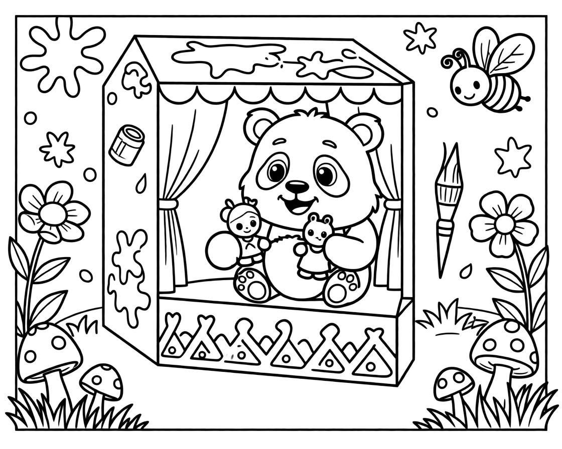 A chubby panda cub is putting on a puppet show behind a cardboard stage inside an art studio splattered with paint. Close by, a curious bumblebee buzzing among the blooms and tiny mushrooms with spotted caps peeking through the grass add a sprinkle of wonder to the moment.