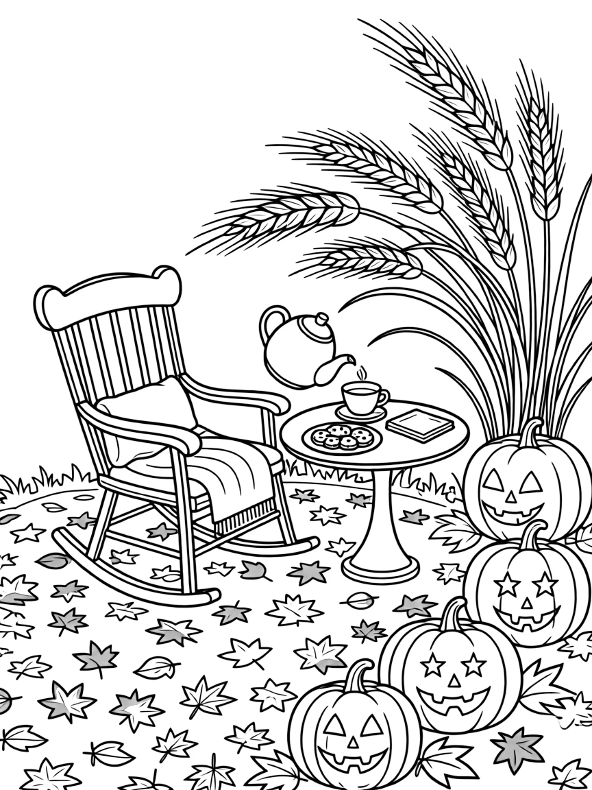 A close-up of a rocking chair beside a table of tea and cookies along a path covered in fallen red and orange leaves, surrounded by a bundle of golden wheat stalks and a row of carved and uncarved pumpkins.