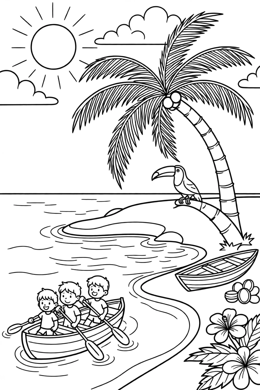 [Tropical Islands] A group of children paddle a small canoe toward a tiny island with a single curved palm tree. A toucan perches on a low branch overlooking a hidden cove with turquoise water. A wooden rowboat rests on the sand beside a pile of coconuts and tropical flowers. Bright sunshine sparkles across the turquoise water beneath a sky full of fluffy clouds.