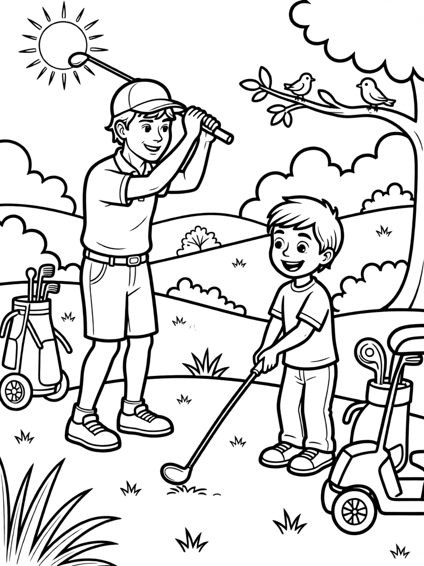 A golf instructor helps a student swing a club on a green fairway.