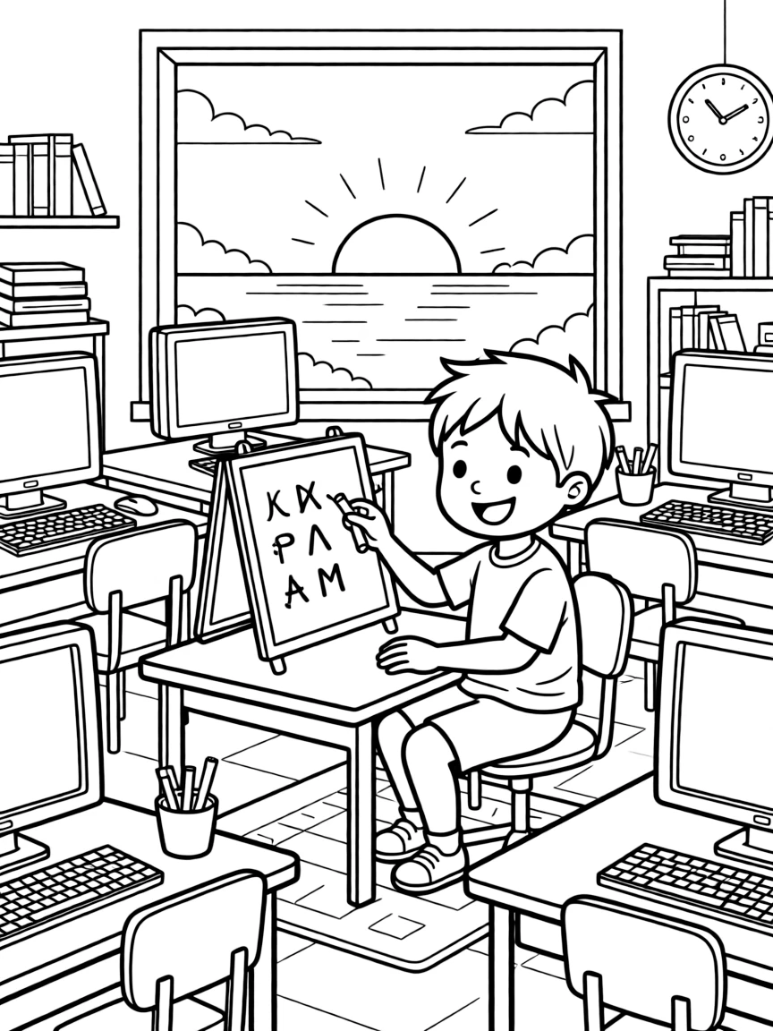 A giggling boy practicing letters with chalk at a computer lab as the sun sets in orange and pink.