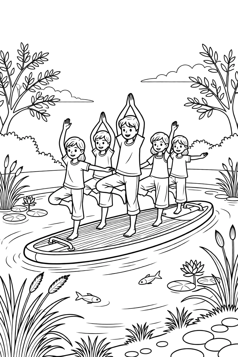 A team of neighborhood kids, practicing a yoga pose on the paddleboard in the middle of a still pond.