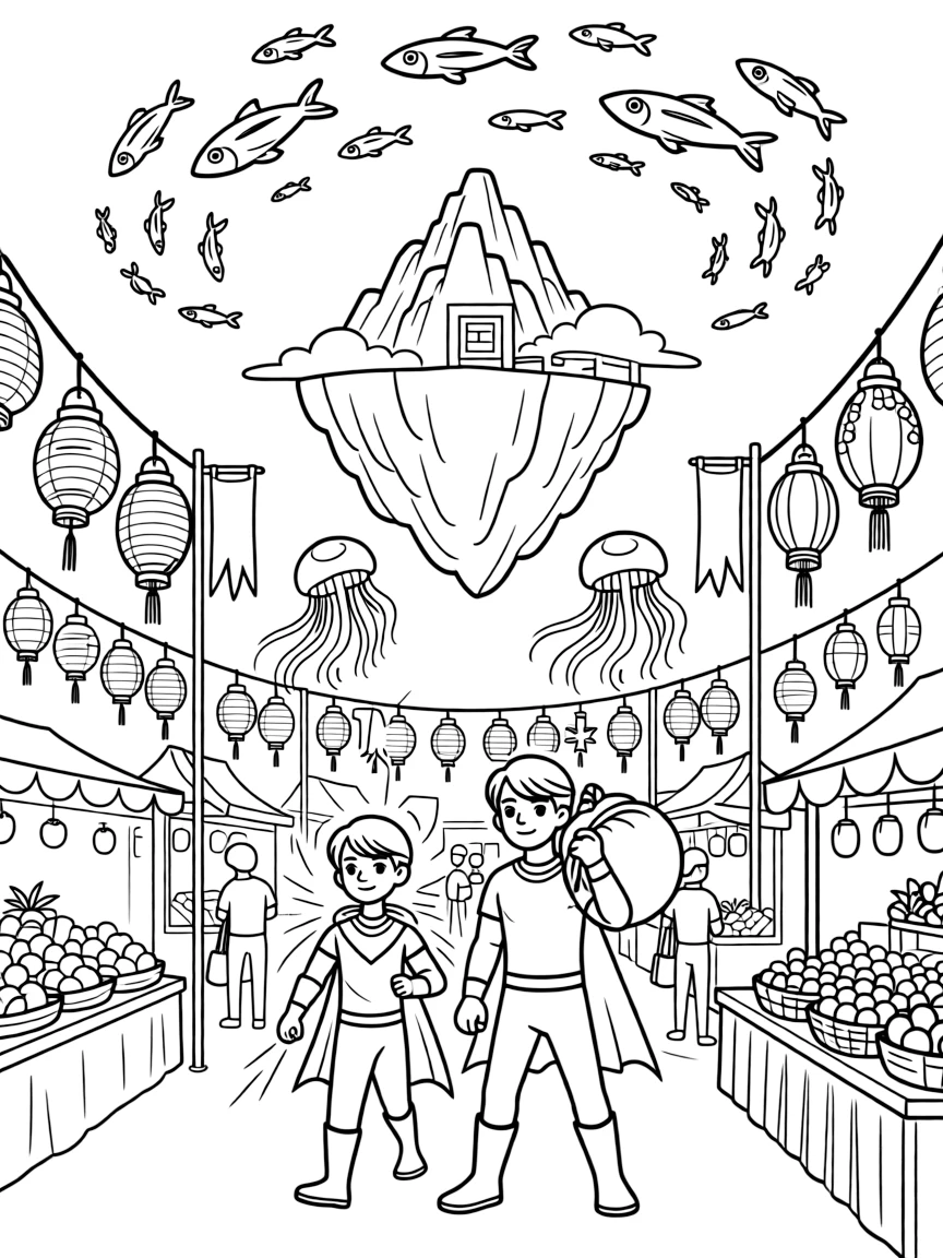Twin superhero siblings Blaze (light-bending) and Volt (super-strong) carrying supplies to a research base at the top of a floating mountain in a night market lit by paper lanterns and glowing jellyfish, as a school of glowing space fish swimming through the air and a busy market stall selling glowing fruit fill the scene.