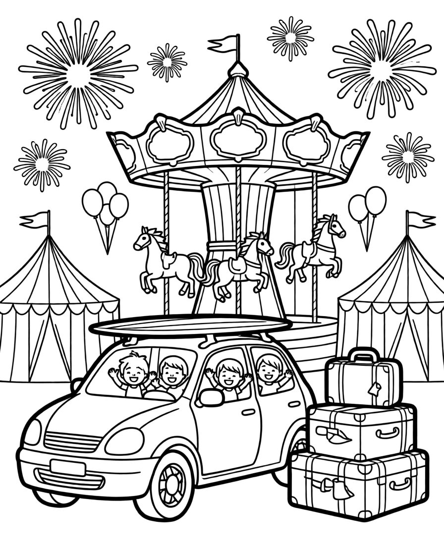 In this scene, a hatchback car with a surfboard strapped to the roof is the star of a lively county fair with a carousel and ribbon-topped tents, joined by a group of cheerful kids waving from the windows, with a stack of suitcases piled up for the journey and fireworks bursting in the sky in the background scattered throughout for kids to color.