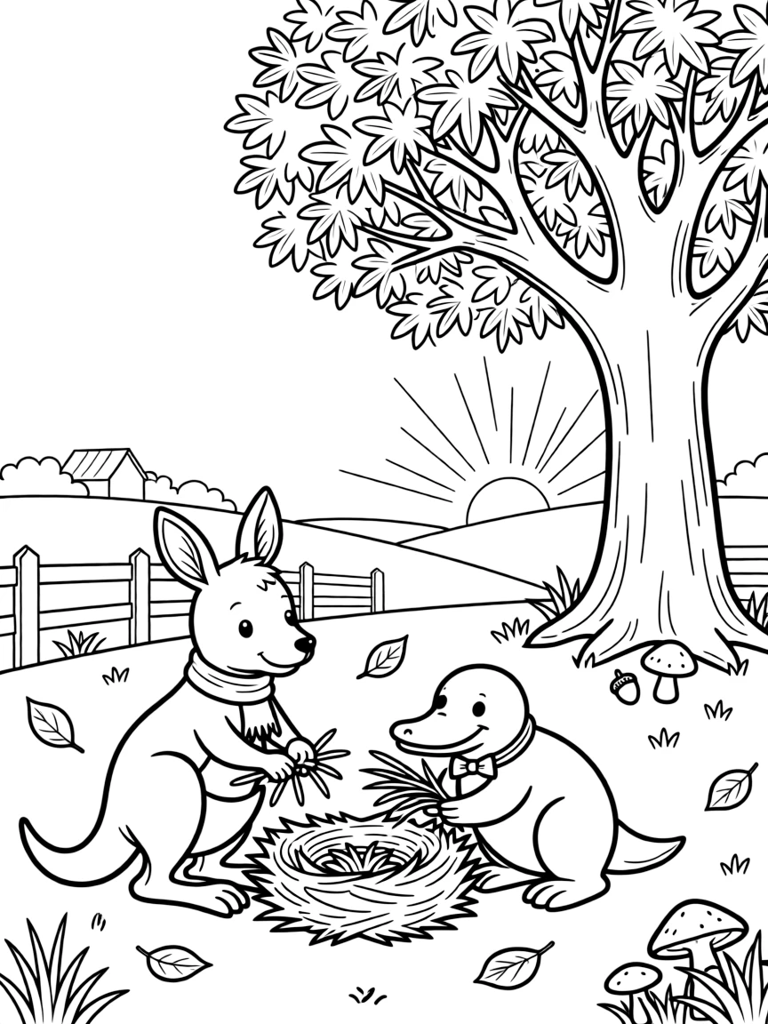 A kangaroo joey on a farm at sunrise, building a tiny nest together with a platypus, next to a towering oak tree, as autumn leaves swirl in the wind.