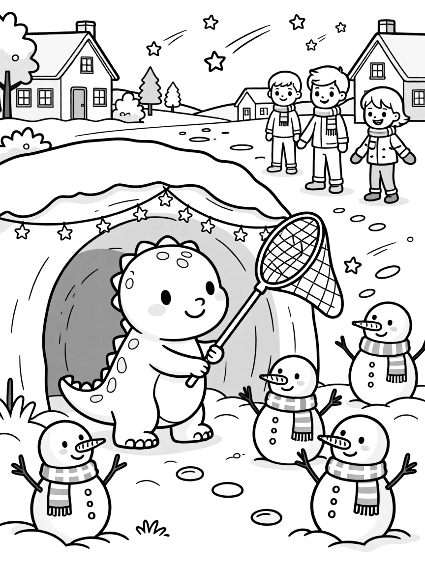 A round dinosaur toddler takes a break from adventures to try fishing for shooting stars with a butterfly net in a cozy burrow decorated with fairy lights, with a group of snowmen wearing matching scarves close behind. The whole neighborhood has come out to join the fun.