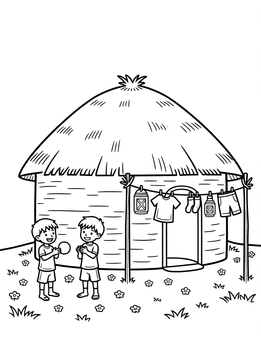 A coloring page featuring a round mud-and-thatch manyatta hut in a village in Kenya, with children playing just outside the door and laundry or lanterns strung nearby.