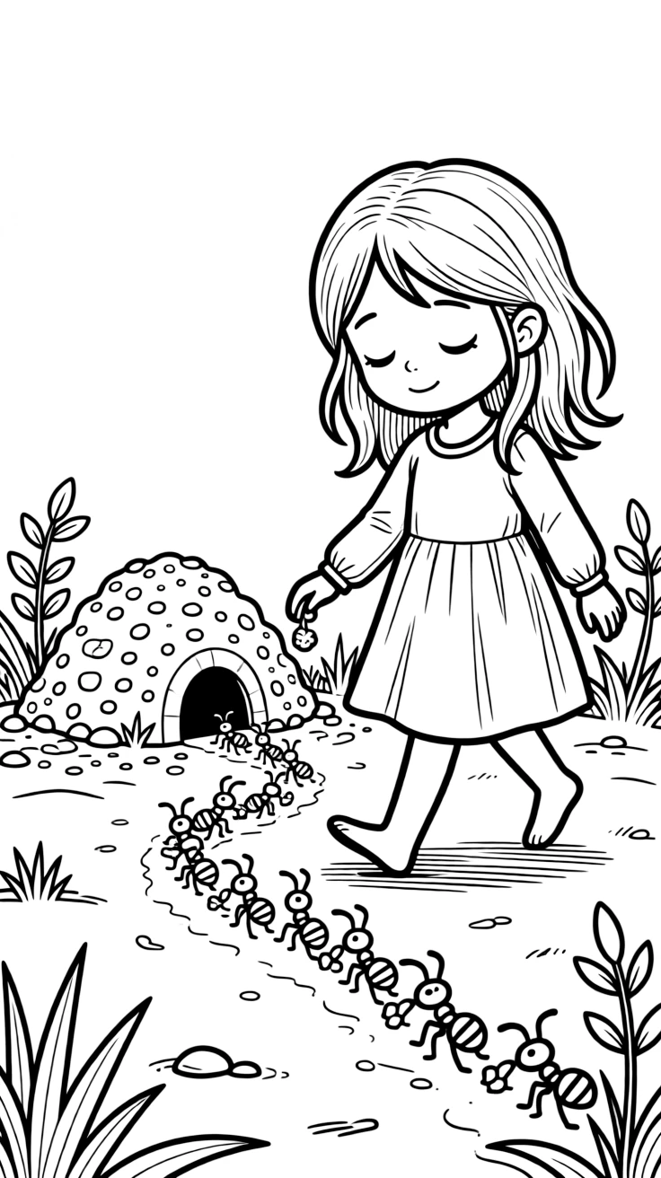a sleepy little girl follows a line of busy ants carrying crumbs into their sandy anthill.