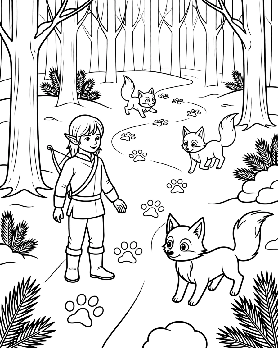 A young elf ranger tracks glowing paw prints through a snowy forest, leading to a family of arctic fox spirits.
