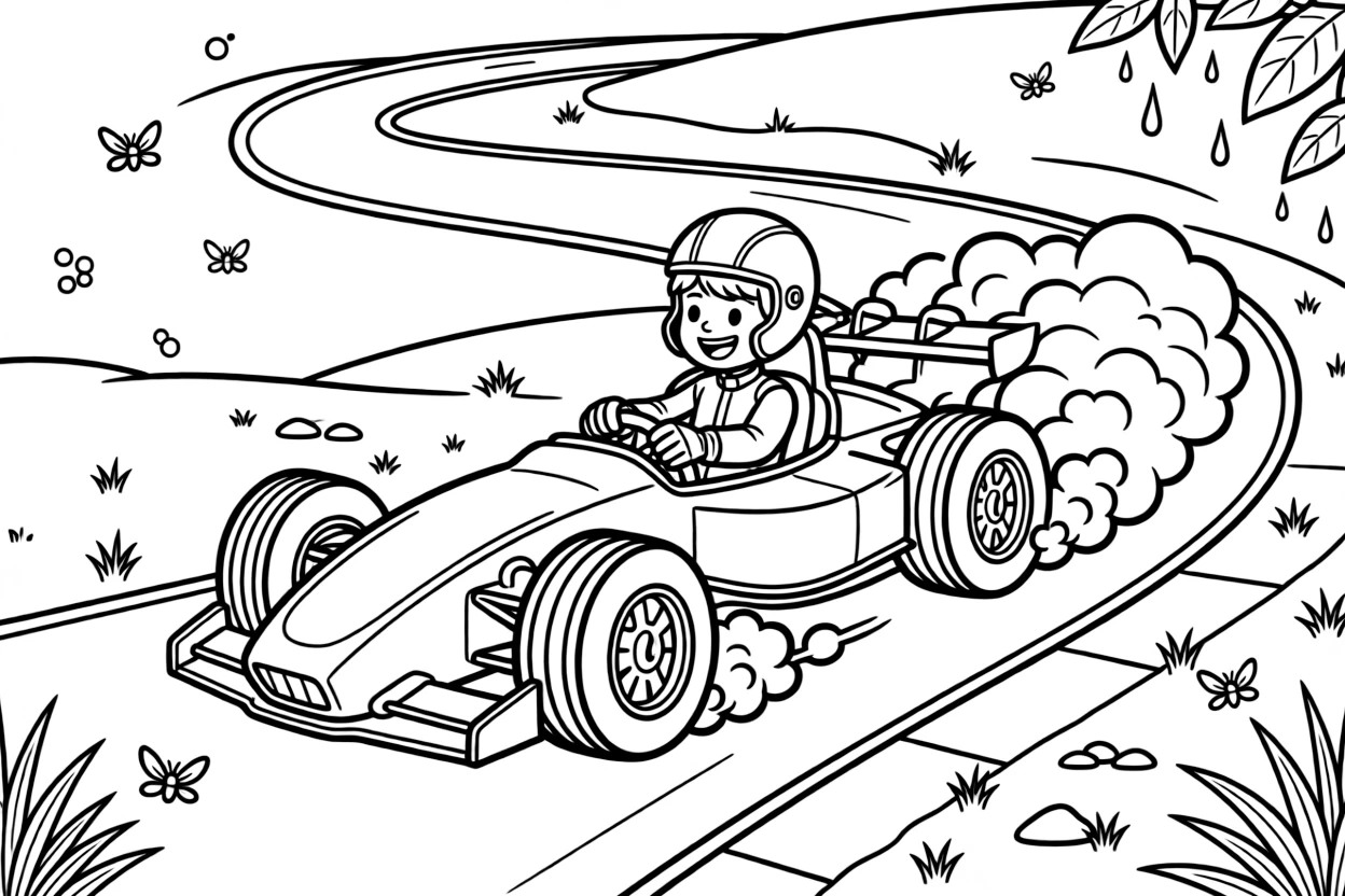 [Race Cars] a low sleek open-wheel racer launching off the starting line on a winding racetrack, grinning with excitement, while tire smoke billows behind the wheels fills the surrounding area. Exhaust pipes puff small clouds of smoke. Set just after a rainstorm, with fireflies beginning to glow, the page bursts with adventure and imagination.