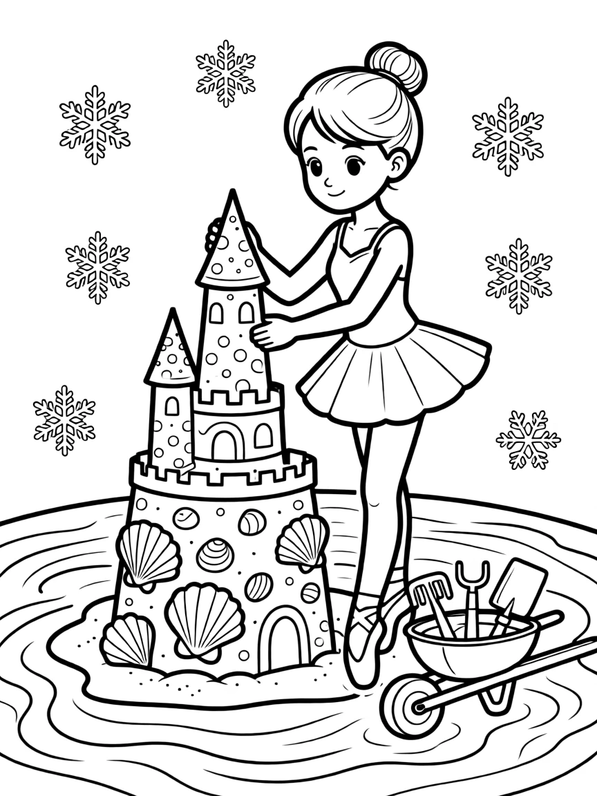 A young ballerina in a satin leotard is building a tall sandcastle decorated with seashells in a glowing mermaid lagoon. All around, a wheelbarrow filled with garden tools and gently falling snowflakes round out the happy picture.