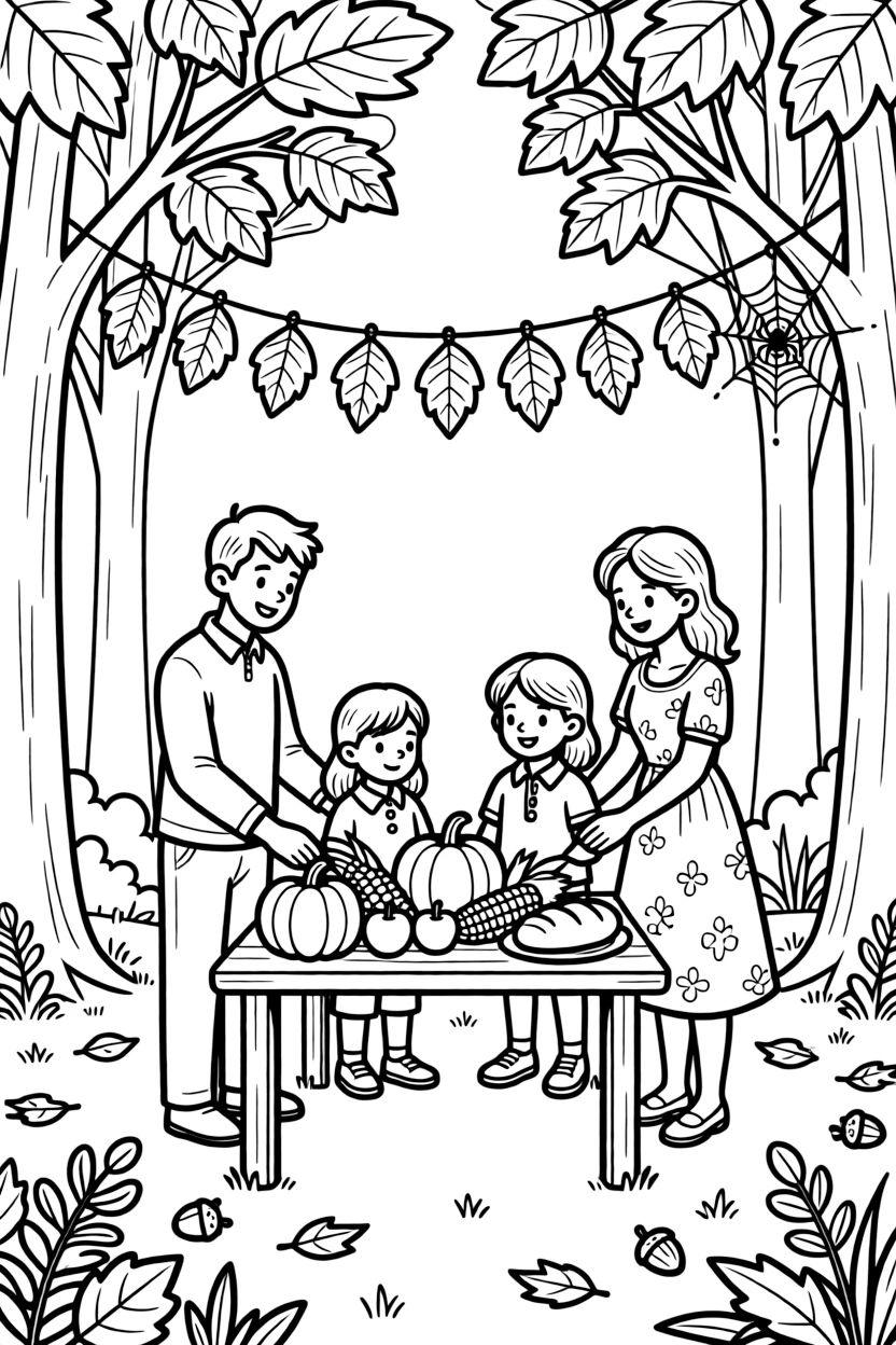 A family giving thanks around a harvest table in a forest clearing where the trees are turning gold, with a string of paper leaf garlands and a spider spinning a delicate web nearby.
