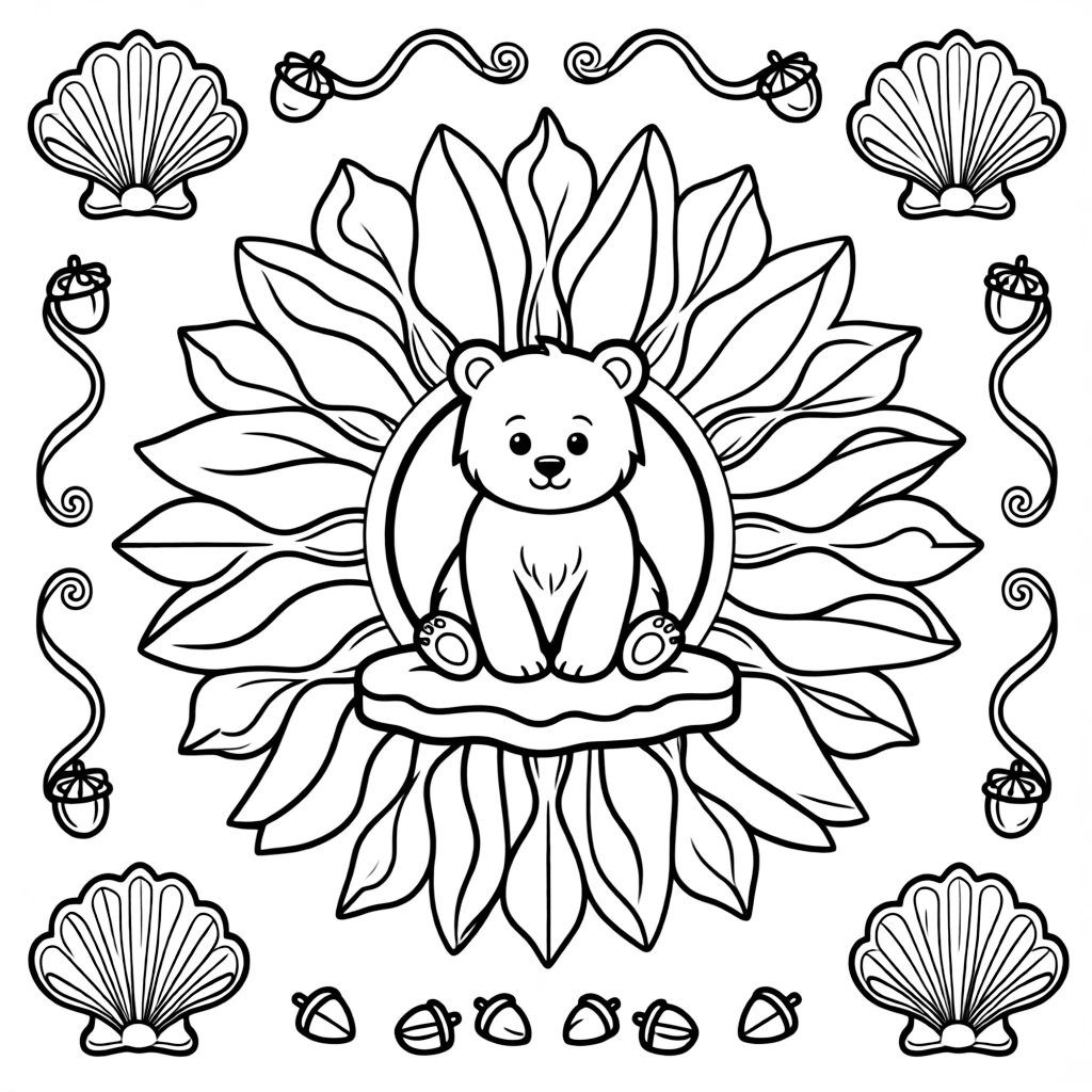 Arctic & Polar Animals: The page presents a small themed scene built around a polar bear cub sitting on a snowy ledge, tied together by a sunburst mandala with rays spreading evenly outward. The scene is placed in the center of a small symmetrical scene, with matching background details balanced evenly on both sides. Decorative details fill the surrounding space, including overlapping scalloped shells, loops of ribbon curling back on themselves, and clusters of tiny acorns woven throughout the background. A playful extra touch completes the page: a handful of tiny acorns scattered near the bottom edge.