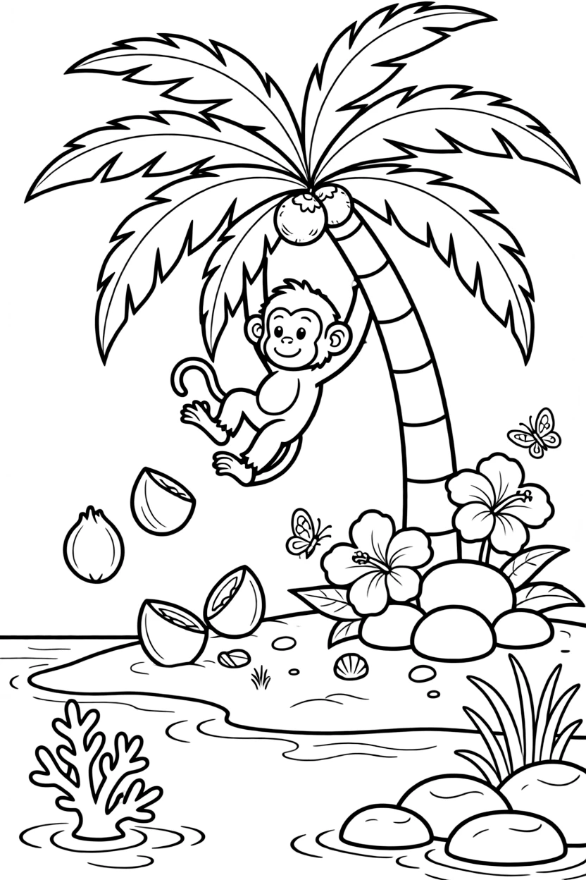 [Tropical Islands] A friendly monkey swings from a palm tree, tossing coconuts down onto the soft sand below. Butterflies flutter around hibiscus flowers growing near a cluster of smooth boulders. Coral formations rise beneath the clear water near a cluster of smooth volcanic rocks. A warm breeze rustles the palm fronds as the sun sets in brilliant orange and pink.