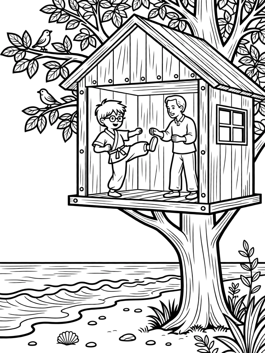 A boy with glasses practicing a martial arts kick together with an elderly neighbor in a treehouse as waves gently lap the shore.