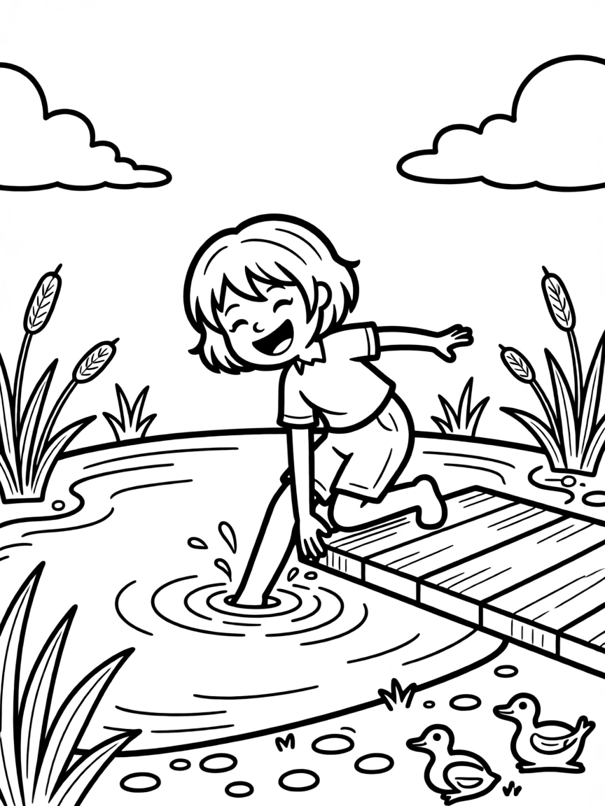 A shy new student, falling playfully into the water and climbing back onto the board laughing.