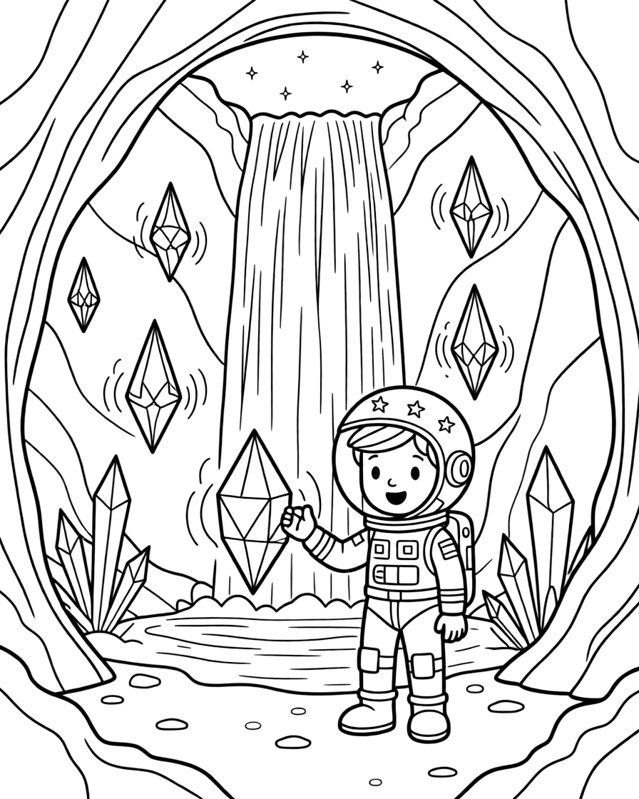 In a frozen waterfall planet with rainbow-colored ice, Explorer Byte, a young space explorer in a starry spacesuit discovering a cave full of singing crystals on an alien planet, while a cluster of floating crystals humming softly adds to the excitement.