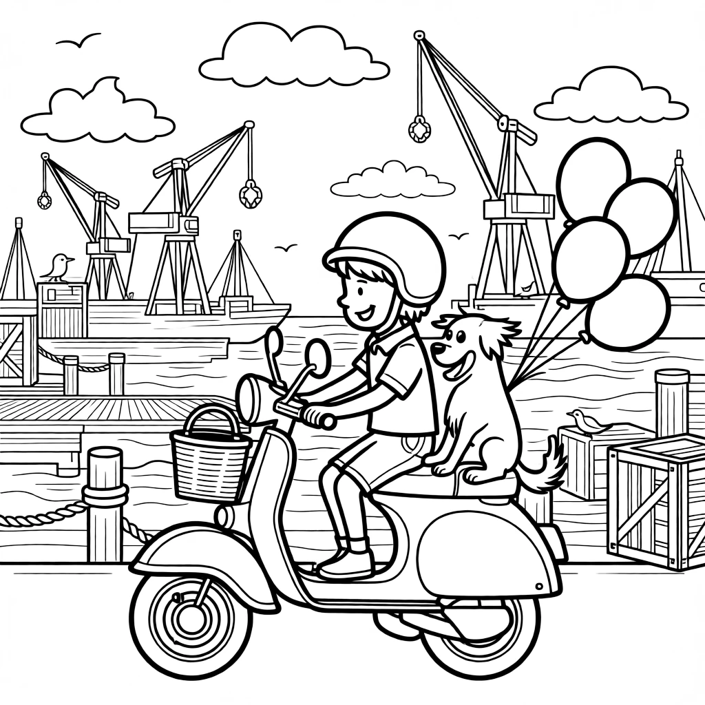 A coloring page featuring a moped zipping along with a wicker basket on front, traveling through a busy harbor lined with docks, cranes, and stacked crates, with a friendly dog with its ears flapping in the wind and fluffy clouds shaped like animals drifting overhead and balloons tied to the rearview mirror filling the scene.
