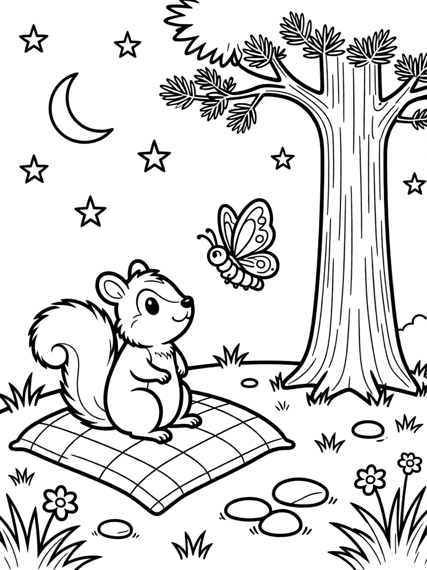 A chipmunk stargazing on a blanket with a caterpillar turning into a butterfly on a mountaintop meadow, near a giant redwood tree.