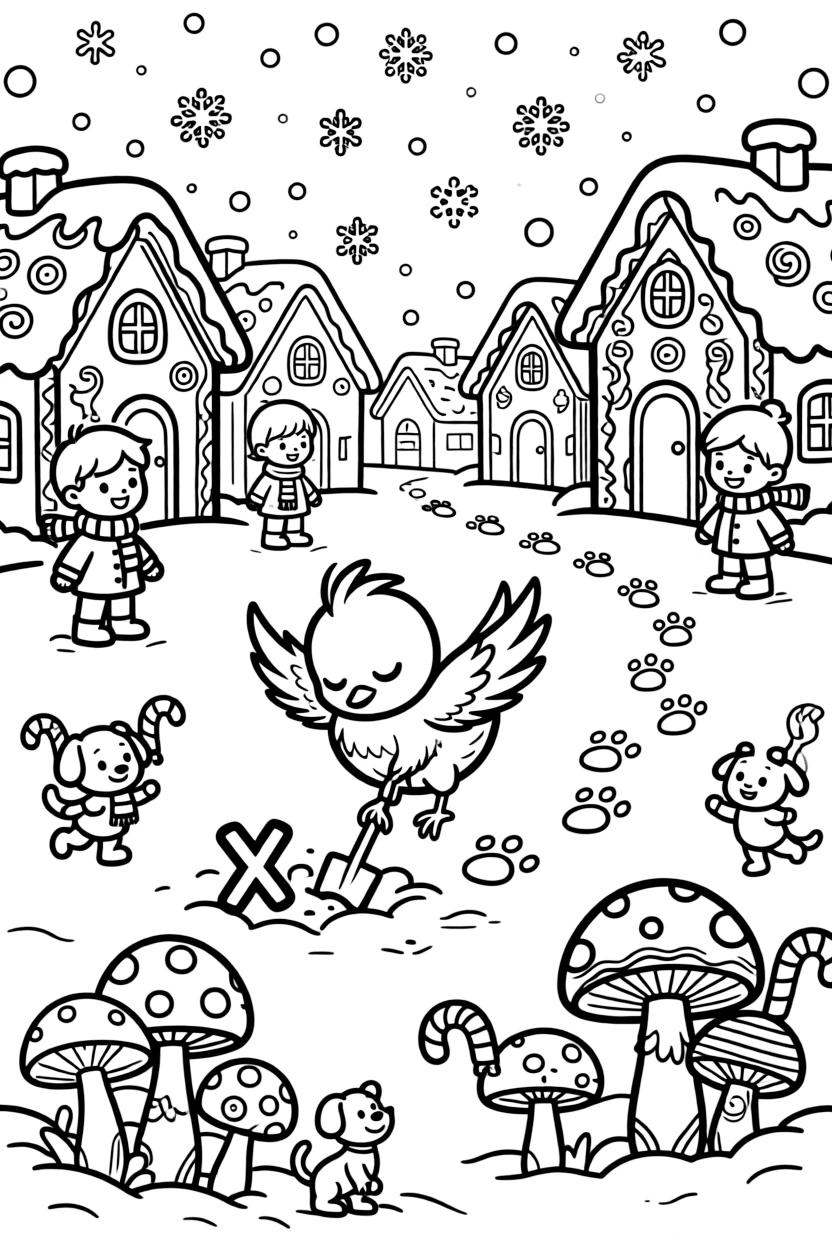 In a snow-covered village lined with gingerbread houses, a sleepy phoenix chick learning to fly is busy digging for buried treasure marked with an X, cheered on by a trail of glowing footprints and a cluster of giggling mushroom sprites. The whole neighborhood has come out to join the fun.