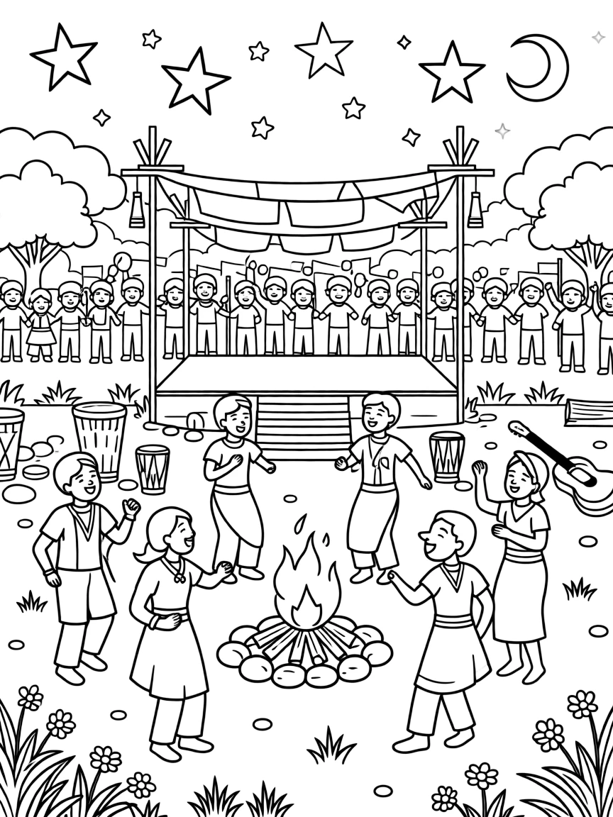 A coloring page capturing singers and dancers performing around a bonfire under the stars from Kenya, set on an outdoor stage with cheerful onlookers waving and swaying along.
