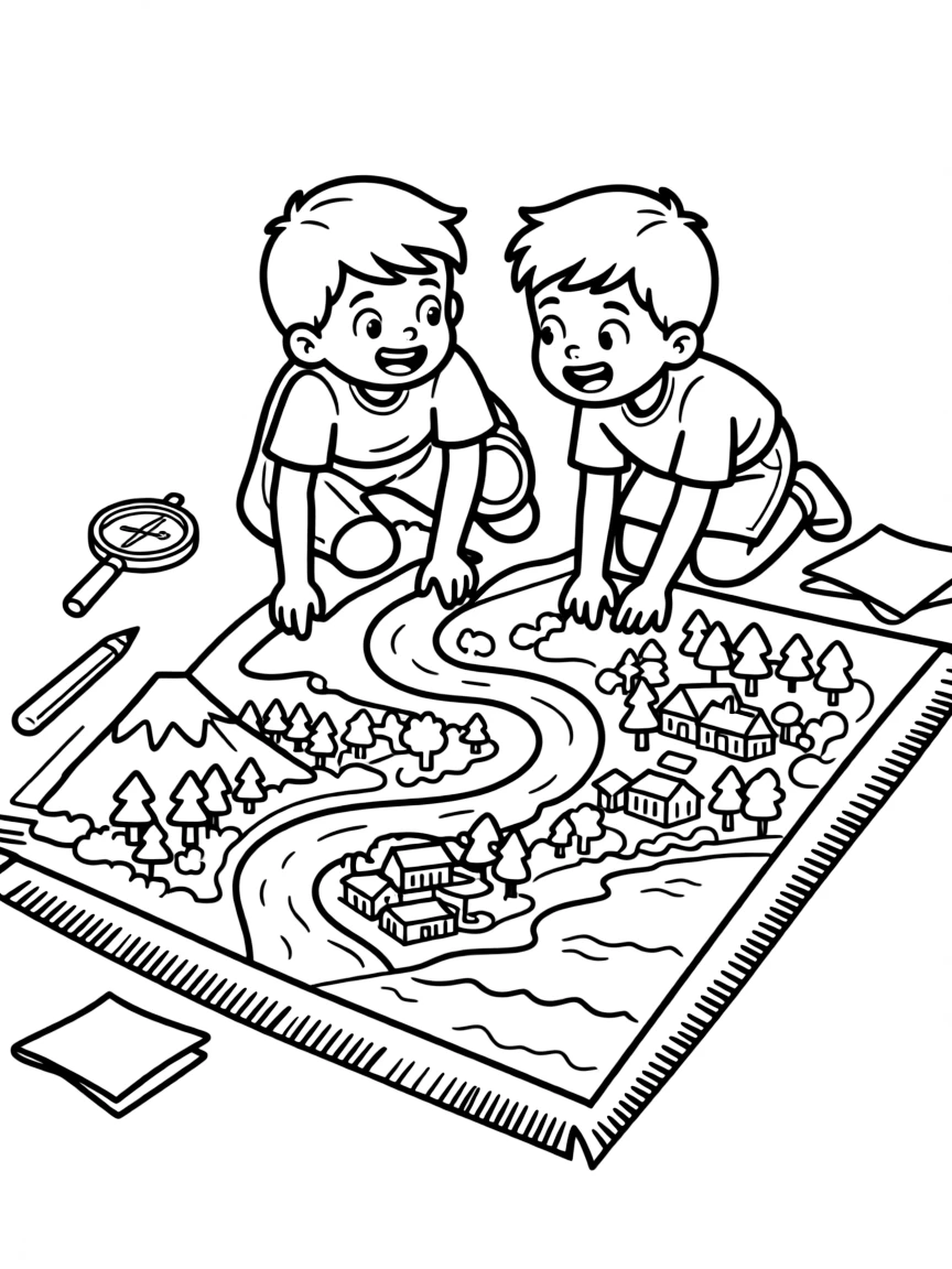 mischievous twin brothers trace a river's path on a large floor map from mountain to sea.