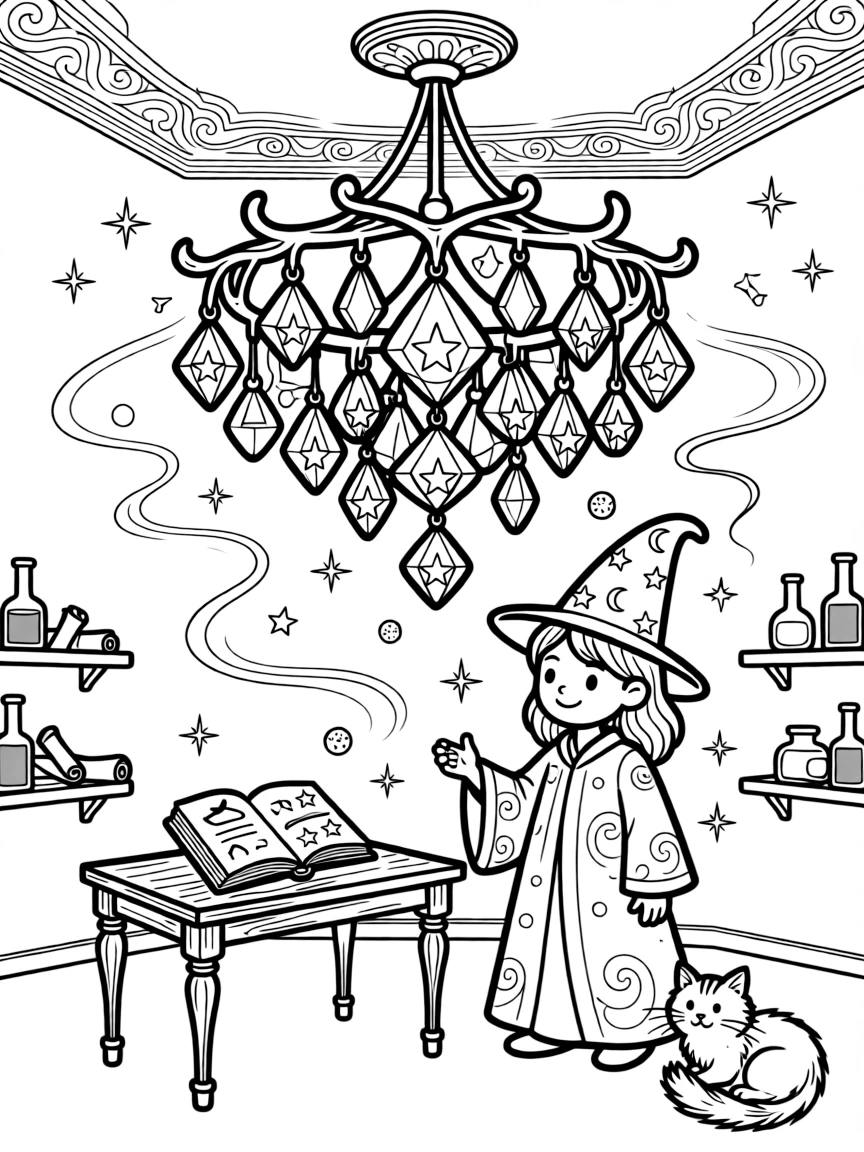 A wizard's crystal chandelier hums softly, each crystal containing a tiny captured star that twinkles overhead.