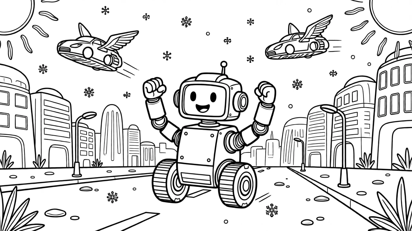 [Robots] a small rolling robot rolling across a futuristic city street on an alien planet's surface, cheering with both fists raised. Nearby, flying cars zoom past in the background. Its metal joints show simple hinge lines. The scene is captured at sunrise, with snow gently falling, giving the page a lively and adventurous feel that invites plenty of colorful detail.