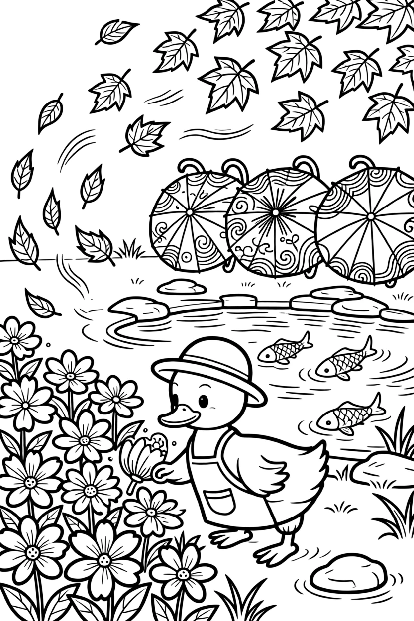 A paddling duckling is tending a garden of glowing enchanted flowers in a peaceful Japanese garden beside a koi pond. Just beyond, a row of colorful umbrellas and swirling autumn leaves in every color add to the delightful moment.