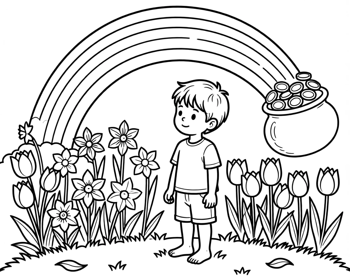A curious little boy admiring a rainbow ending at a pot of gold coins in a blooming garden full of tulips and daffodils, near a row of colorful tulips and a rainbow arching over the garden.
