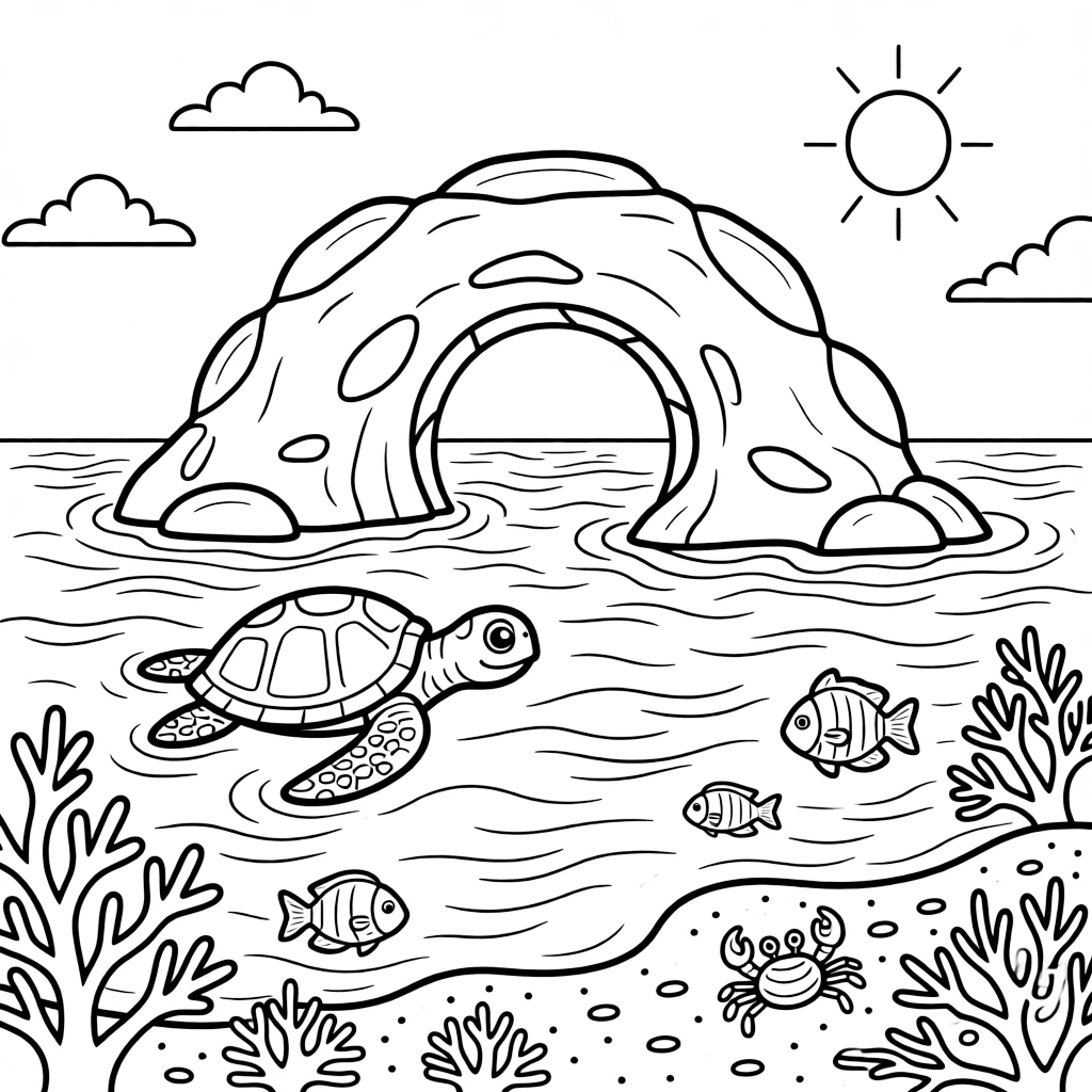 [Tropical Islands] A sea turtle swims lazily near a small island ringed with coral and clear blue water. Tropical fish dart through the shallow water while a crab scuttles across the sand nearby. A rocky archway frames a hidden cove where gentle waves lap against the shore. Golden afternoon sun glimmers across the water near the quiet, sandy cove.